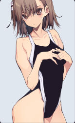 Rule 34 | 10mo, 1girl, black one-piece swimsuit, breasts, brown eyes, brown hair, collarbone, competition swimsuit, contrapposto, cowboy shot, flower, hair flower, hair ornament, hairclip, highleg, highleg swimsuit, highres, misaka mikoto, one-piece swimsuit, short hair, small breasts, solo, swimsuit, toaru kagaku no railgun, toaru majutsu no index, tokiwadai school swimsuit, two-tone swimsuit
