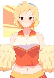 Rule 34 | 1girl, :&lt;, bishi bashi (series), bishi bashi channel, blonde hair, blue hairband, blush, breasts, brown eyes, cheerleader, cheerleader yellow, closed mouth, commentary request, cowboy shot, crop top, da (da 3939), expressionless, hairband, highres, holding, holding pom poms, large breasts, looking at viewer, midriff, navel, orange shirt, orange skirt, pom pom (cheerleading), pom poms, shirt, short hair, skirt, sleeveless, sleeveless shirt, solo