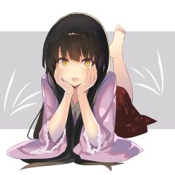 Rule 34 | 1girl, barefoot, black hair, blush, bow, bowtie, commentary request, falken (yutozin), grey background, hands on own cheeks, hands on own face, hands up, highres, houraisan kaguya, leg up, long hair, long sleeves, looking at viewer, lying, on stomach, one-hour drawing challenge, open mouth, pink shirt, red skirt, shirt, sidelocks, skirt, smile, soles, solo, touhou, two-tone background, white background, white bow, white bowtie, wide sleeves, yellow eyes