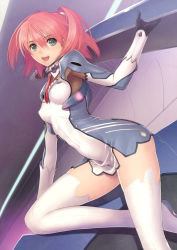 Rule 34 | 1girl, absurdres, aono oto, aqua eyes, boots, breasts, covered navel, dress, gloves, highres, long legs, long sleeves, looking at viewer, medium breasts, open mouth, pink hair, scan, short dress, short hair, simple background, skin tight, solo, thigh boots, thighhighs, thighs, tony taka, valhellio, white thighhighs, zettai ryouiki