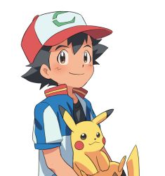 Rule 34 | 1boy, ash ketchum, baseball cap, black hair, black shirt, blue jacket, blush, closed mouth, commentary request, creatures (company), dododo dadada, game freak, gen 1 pokemon, hair between eyes, hat, jacket, looking to the side, male focus, nintendo, open clothes, open jacket, pikachu, pokemon, pokemon (anime), pokemon (creature), pokemon the movie: the power of us, red headwear, shirt, short hair, simple background, smile, white background