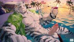 Rule 34 | 1boy, abs, absurdres, alternate costume, alternate hairstyle, animal ears, arknights, bara, bare pectorals, blue eyes, cup, dendryte axxon, drinking glass, erection, facial hair, feet out of frame, furry, furry male, goatee, green male swimwear, hair slicked back, hawaiian shirt, highres, holding, holding cup, large hands, large pectorals, looking at viewer, male focus, male swimwear, male swimwear aside, mountain (arknights), muscular, muscular male, nipples, open clothes, open shirt, palm tree, partially submerged, pectorals, pool, precum, scar, scar across eye, shirt, short hair, solo, stomach, sunset, swim briefs, tail, thick eyebrows, tiger boy, tiger ears, tiger tail, tree, white fur, white hair, wine glass