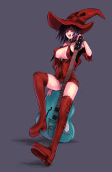 Rule 34 | 1girl, black choker, black hair, bob cut, boots, breasts, choker, grey background, guilty gear, guitar, hat, holding, holding guitar, holding instrument, i-no, instrument, kara (color), large breasts, mole, mole above mouth, red footwear, red hat, revealing clothes, short hair, simple background, solo, thigh boots