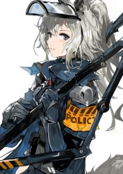 Rule 34 | 1girl, alchemaniac, animal ear fluff, animal ears, arknights, armband, armor, blue jacket, blush, commentary, cowboy shot, eyewear on head, from side, gloves, grani (arknights), grey gloves, grin, highres, holding, holding weapon, horse ears, horse tail, jacket, long hair, looking at viewer, ponytail, purple eyes, shoulder armor, silver hair, simple background, smile, solo, symbol-only commentary, tail, visor, weapon, white background