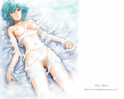 Rule 34 | 1girl, ayanami rei, bandages, bed, blue hair, breasts, colored pubic hair, female pubic hair, fuyuno haruaki, lying, medium breasts, naked bandage, navel, neon genesis evangelion, nipples, nude, on back, pale skin, pubic hair, pussy, red eyes, short hair, solo, uncensored