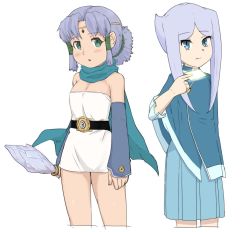 Rule 34 | 2girls, blue eyes, blush, breasts, circlet, closed mouth, dragon quest, dragon quest monsters, dragon quest monsters plus, dress, future card buddyfight, green eyes, hair tubes, looking at viewer, marumo, multiple girls, nyonn24, open mouth, purple hair, scarf, short dress, short hair with long locks, short ponytail, silver hair, simple background, sofia sakharov, strapless, strapless dress, white background