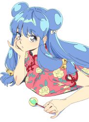 Rule 34 | 1girl, blue hair, bow, breasts, china dress, chinese clothes, double bun, dress, eyeshadow, hair behind ear, hair bow, hair bun, hand on own cheek, hand on own face, highres, holding, kariya (kry aia), long hair, looking at viewer, lying, makeup, medium breasts, on stomach, parted lips, pink dress, pink eyeshadow, purple eyes, ranma 1/2, shampoo (ranma 1/2), solo, white background, yellow bow