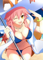 Rule 34 | 1girl, animal ears, bikini, blue bikini, breasts, cleavage, collarbone, ears through headwear, fang, fate/grand order, fate (series), fox ears, fox tail, groin, hat, large breasts, long hair, looking at viewer, navel, ocean, one eye closed, open mouth, pink hair, satou (fujisanjj-mesigaumaize), solo, swimsuit, tail, tamamo (fate), tamamo no mae (fate/extra), tamamo no mae (swimsuit lancer) (fate), tamamo no mae (swimsuit lancer) (third ascension) (fate), white hat, yellow eyes