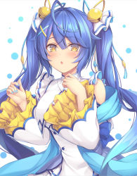 Rule 34 | 1girl, ahoge, amamiya kokoro, bare shoulders, bell, blue hair, blue nails, blush, commentary, detached sleeves, dress, hair bell, hair ornament, hair ribbon, highres, jingle bell, long hair, long sleeves, looking at viewer, mutsuba fumi, nail polish, nijisanji, open mouth, ribbon, simple background, solo, twintails, upper body, very long hair, virtual youtuber, white background, white dress, yellow eyes