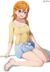 Rule 34 | 1girl, :d, absurdres, arm support, bare legs, blue shorts, breasts, collarbone, feet, full body, hand on own thigh, highres, knees together feet apart, legs, long hair, looking at viewer, love live!, love live! superstar!!, medium breasts, on ground, open mouth, purple eyes, sandals, shadow, shibuya kanon, shirt, short shorts, shorts, simple background, sitting, smile, solo, thighs, toenails, toes, twitter username, wariza, white background, white footwear, yellow shirt, yzlkun
