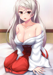 Rule 34 | 1girl, absurdres, breasts, brown eyes, collarbone, conte di cavour (kancolle), hakama, highres, indoors, japanese clothes, kantai collection, kimono, large breasts, long hair, miko, off shoulder, official alternate costume, red hakama, ruin re birth, silver hair, sitting, solo, two side up, white kimono, wide sleeves