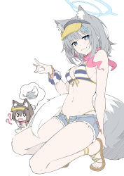 Rule 34 | 0 0, 2girls, ?, absurdres, anal tail, animal ear fluff, animal ears, bare legs, bead bracelet, beads, bikini, blue archive, blue eyes, blue shorts, blush, bracelet, breasts, brown hair, butt plug, closed mouth, cosplay, cross hair ornament, fake tail, fox ears, fox shadow puppet, fox tail, front-tie bikini top, front-tie top, full body, grey hair, hair ornament, highres, izuna (blue archive), izuna (blue archive) (cosplay), izuna (swimsuit) (blue archive), jewelry, looking at viewer, masabodo, medium breasts, medium hair, micro shorts, multiple girls, pink scarf, sandals, scarf, scrunchie, sex toy, shiroko (blue archive), shorts, solo, striped bikini, striped clothes, swimsuit, tail, visor cap, white background, wrist scrunchie