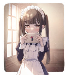 Rule 34 | 1girl, apron, blunt bangs, blurry, blurry background, blush, brown eyes, brown hair, commentary, goshi-san, highres, holding, holding letter, indoors, letter, light rays, looking at viewer, maid, maid apron, maid headdress, original, solo, sunbeam, sunlight, twintails, window