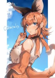 Rule 34 | 1girl, animal ears, arm at side, blue hair, blue sky, border, bow, bowtie, breast pocket, breasts, brown hair, caracal (kemono friends), center frills, character name, clothing cutout, dated, elbow gloves, extra ears, frills, from side, gloves, hair between eyes, heart, high-waist skirt, highres, iparupua, kemono friends, large breasts, light smile, lips, looking at viewer, looking to the side, medium hair, multicolored hair, orange bow, orange bowtie, orange hair, parted lips, pocket, scarf, shirt, sidelocks, skirt, sky, sleeveless, sleeveless shirt, solo, tail, tail through clothes, upper body, white shirt