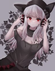 Rule 34 | 1girl, animal ears, arknights, bare shoulders, black headwear, breasts, cleavage, collar, commentary request, fox ears, frostleaf (arknights), grey background, grey collar, grey hair, grey shirt, hands up, headphones, highres, long hair, looking at viewer, material growth, medium breasts, off-shoulder shirt, off shoulder, oripathy lesion (arknights), parted lips, red eyes, ryouki (34388923), shirt, short sleeves, solo, upper body