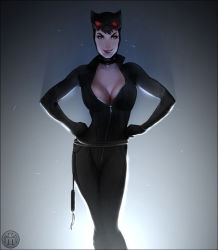 Rule 34 | 1girl, animal ears, batman (series), bodysuit, breasts, cat ears, cat girl, catwoman, cleavage, dc comics, female focus, goggles, goggles on head, hands on own hips, hood, looking at viewer, muller pereira de oliveira, solo, standing