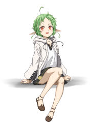 Rule 34 | 1girl, absurdres, ahoge, black shorts, brown footwear, elf, green hair, highres, hood, hooded jacket, invisible chair, jacket, looking at viewer, mushoku tensei, open mouth, pointy ears, red eyes, shadow, shirt, short hair, shorts, sitting, solo, syagare, sylphiette (mushoku tensei), white jacket, white shirt