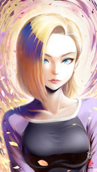 Rule 34 | 1girl, absurdres, android 18, blonde hair, blue eyes, breasts, dragon ball, dragonball z, hair over one eye, highres, kanchiyo, leaf, lips, looking at viewer, medium breasts, short hair, solo, upper body