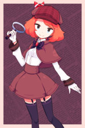 Rule 34 | 1girl, alternate costume, black thighhighs, blue eyes, bow, brown hair, capelet, costume, creatures (company), detective, dress shirt, game freak, garter straps, gloves, hat, highres, holding, long sleeves, looking at viewer, magnifying glass, makaroll, may (pokemon), nintendo, pokemon, shirt, skirt, smile, solo, thighhighs, white gloves