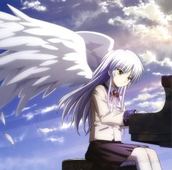 Rule 34 | 10s, 1girl, absurdres, angel beats!, angel wings, blazer, cloud, day, expressionless, feathers, highres, instrument, jacket, long hair, non-web source, official art, piano, scan, school uniform, silver hair, sky, socks, solo, tenshi (angel beats!), very long hair, wings, yellow eyes