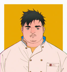 Rule 34 | 1boy, black eyes, black hair, casual, collared shirt, expressionless, fat, fat man, highres, looking at viewer, lovesheng1314, male focus, original, partially unbuttoned, portrait, realistic, shirt, short hair, simple background, solo, thick eyebrows, upper body, white shirt