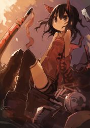 Rule 34 | 1girl, absurdres, bare shoulders, black hair, boots, brown eyes, dutch angle, fang, highres, horns, kaamin (mariarose753), original, outdoors, short hair, sitting, smile, solo, weapon