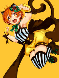 Rule 34 | 10s, 1girl, absurdres, animal ears, cat ears, cat tail, fingerless gloves, gloves, highres, hoshizora rin, kent0320, love live!, love live! school idol festival, love live! school idol project, open mouth, orange hair, short hair, smile, solo, striped clothes, striped thighhighs, tail, thighhighs, vertical-striped clothes, vertical-striped thighhighs, yellow eyes