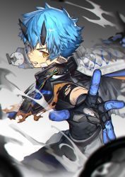 Rule 34 | 1boy, absurdres, blue hair, character request, copyright request, explosive, grenade, grenade pin, highres, holding, holding grenade, holding weapon, horns, looking at viewer, male focus, mouth hold, pointy ears, solo, sora (zwz030), symbol-only commentary, teeth, weapon, yellow eyes