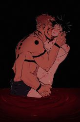 Rule 34 | 2boys, arm tattoo, black hair, blood, blood on neck, couple, closed eyes, fushiguro megumi, hand on another&#039;s thigh, highres, injury, jujutsu kaisen, licking, male focus, male pubic hair, multiple boys, nude, partially submerged, pink hair, pubic hair, ryoumen sukuna (jujutsu kaisen), short hair, shoulder tattoo, size difference, spiked hair, sserupiko, tattoo, topless male, yaoi
