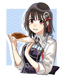 Rule 34 | 1girl, apron, black hair, brown eyes, curry, curry rice, dress shirt, food, haguro (kancolle), haguro kai ni (kancolle), hair ornament, kantai collection, long sleeves, looking at viewer, open mouth, plate, purple apron, rice, sagamiso, shirt, short hair, sleeves rolled up, solo, upper body, white shirt