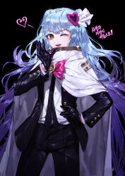 Rule 34 | 1girl, absurdres, black background, black gloves, black jacket, black pants, blue hair, blush, cosplay, cowboy shot, gloves, hair ornament, heart, heart hair ornament, highres, jacket, library of ruina, long hair, one eye closed, open mouth, pants, project moon, queen of hatred, rurumad, shirt, smile, solo, two side up, upper body, very long hair, white shirt, yan vismok, yan vismok (cosplay), yellow eyes