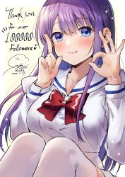 Rule 34 | 1girl, absurdres, blue eyes, blush, border, bow, bowtie, closed mouth, dated, geshumaro, hands up, highres, juliet sleeves, long hair, long sleeves, looking at viewer, milestone celebration, ok sign, puffy sleeves, purple hair, red bow, red bowtie, sailor collar, school uniform, serafuku, signature, sitting, smile, solo, thank you, thighhighs, tsubaki-sama wa sakihokore nai, white border, white sailor collar, white thighhighs, yellow background