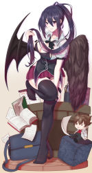 Rule 34 | 1boy, 1girl, angel wings, asymmetrical wings, bag, black bra, black hair, black panties, black thighhighs, blush, book, bow, box, bra, breasts, breasts out, brick road, brick wall, calendar (object), character doll, chinese commentary, cleavage, commentary request, demon wings, green bow, grey background, high school dxd, highres, himejima akeno, hyoudou issei, knee up, knees, large breasts, long hair, looking at viewer, miniskirt, no shoes, open clothes, open shirt, paisley, panties, pao mian+dan, pen, ponytail, purple eyes, school bag, school uniform, sidelocks, skirt, smile, solo focus, textbook, thighhighs, tiptoes, underwear, very long hair, wide hips, wings