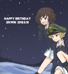 Rule 34 | 10s, 2girls, akiyama yukari, black footwear, black gloves, black legwear, blonde hair, blue jacket, boots, brown eyes, brown hair, character name, clenched hand, closed mouth, commentary, dated, erwin (girls und panzer), forest, girls und panzer, gloves, goggles, goggles on headwear, green hat, green shirt, happy birthday, hat, jacket, leaning forward, long sleeves, looking to the side, messy hair, military, military hat, military uniform, miniskirt, multiple girls, mutsu (layergreen), nature, night, night sky, on one knee, ooarai military uniform, open mouth, peaked cap, pleated skirt, pointy hair, shirt, short hair, skirt, sky, smile, snow, socks, standing, star (sky), starry sky, tree, uniform, white skirt