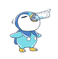 Rule 34 | bottle, closed eyes, commentary request, creature, creatures (company), drinking, game freak, gen 4 pokemon, highres, kotobukkii (yt lvlv), nintendo, no humans, piplup, pokemon, pokemon (creature), simple background, solo, standing, toes, water, water bottle, white background