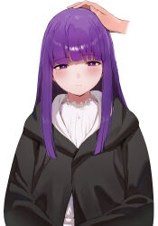 Rule 34 | 1girl, absurdres, black coat, blunt bangs, blush, breasts, coat, disembodied hand, dress, fern (sousou no frieren), headpat, highres, long hair, long sleeves, looking at viewer, medium breasts, open clothes, open coat, purple eyes, purple hair, rororo, sidelocks, solo, sousou no frieren, white dress
