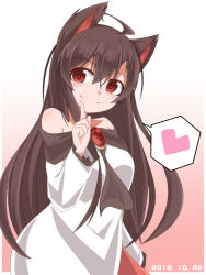 Rule 34 | 1girl, ahoge, animal ears, ao (aoblueao), bare shoulders, brooch, brown hair, brown neckwear, closed mouth, commentary request, dress, frilled sleeves, frills, gradient background, hair between eyes, hand up, heart, imaizumi kagerou, index finger raised, jewelry, long hair, long sleeves, off-shoulder dress, off shoulder, pink background, red eyes, smile, solo, spoken heart, touhou, upper body, very long hair, white background, white dress, wolf ears