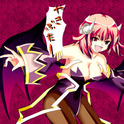 Rule 34 | 1girl, breasts, cleavage, demon wings, detached sleeves, disgaea, fang, horns, kuze, la pucelle, maou prier, open mouth, pantyhose, prier, purple background, red eyes, red hair, translated, wings