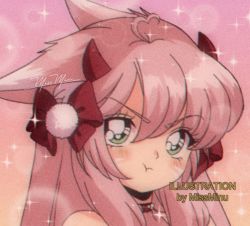 Rule 34 | 1990s (style), 1girl, :t, ahoge, animal ear fluff, animal ears, blush, bow, character request, closed mouth, collar, copyright request, film grain, green eyes, hair between eyes, hair bow, long hair, looking at viewer, miss minu, pink hair, portrait, pout, red bow, retro artstyle, sidelocks, signature, solo, sparkle, swept bangs, v-shaped eyebrows, virtual youtuber