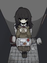 Rule 34 | 1girl, apple, bags under eyes, bathroom, black eyes, black hair, black pantyhose, bow, bowtie, bread, brown footwear, brown skirt, brown sweater, eating, food, from above, fruit, full body, highres, indoors, long hair, milk, mop, original, pantyhose, pleated skirt, red bow, red bowtie, school uniform, shirt, shoes, sitting, skirt, sleeves past wrists, snale, solo, spoon, sweater, tile floor, tiles, toilet, toilet paper, toilet stall, trash can, tray, white shirt