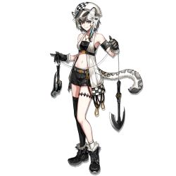 Rule 34 | 1girl, animal ear fluff, animal ears, arknights, armband, armpits, bandeau, bare shoulders, belt, black bandeau, black footwear, black gloves, black hair, black shorts, black thighhighs, boots, breasts, buckle, cliffheart (arknights), closed mouth, collarbone, full body, fur-trimmed boots, fur trim, gloves, grey eyes, hair between eyes, hair ribbon, hat, holding, holding kusarigama, holding weapon, jacket, jewelry, kusarigama, leopard ears, leopard tail, long hair, looking at viewer, midriff, navel, necklace, open clothes, open jacket, ribbon, ryuuzaki ichi, short hair, short shorts, shorts, sickle, sidelocks, single sock, single thighhigh, sleeveless, sleeveless jacket, small breasts, smile, socks, solo, stomach, tachi-e, tail, thigh strap, thighhighs, transparent background, tress ribbon, weapon, white hair, white socks