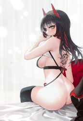 Rule 34 | 1girl, alternate hair length, alternate hairstyle, ass, azur lane, back tattoo, black hair, black thighhighs, blush, bottomless, breasts, cirilla lin, closed mouth, from behind, highres, horns, long hair, medium breasts, multicolored hair, nail polish, on bed, red hair, sitting, solo, streaked hair, tattoo, thighhighs, ulrich von hutten (azur lane), yellow eyes
