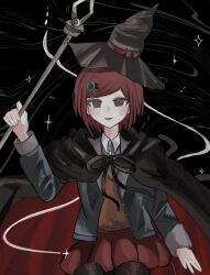 Rule 34 | 1girl, :d, black background, black cape, black hat, black jacket, black ribbon, blush, brown eyes, brown vest, cape, collared shirt, danganronpa (series), danganronpa v3: killing harmony, egao (nsazrs), gem hair ornament, grey shirt, hat, highres, holding, holding staff, jacket, miniskirt, open clothes, open jacket, open mouth, red cape, red skirt, ribbon, shirt, skirt, smile, solo, staff, two-tone shirt, vest, white shirt, witch hat, yumeno himiko