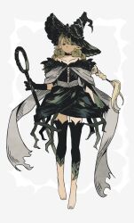Rule 34 | 1girl, adapted costume, bare shoulders, barefoot, black dress, black gloves, black headwear, blonde hair, braid, choker, collarbone, crinoline, cross-laced clothes, detached pants, dress, dungeon meshi, elf, feather trim, floating hair, full body, gloves, hand up, hat, hat ornament, haxinssy, holding, holding staff, long hair, looking at viewer, marcille donato, marcille donato (lord), off-shoulder dress, off shoulder, pointy ears, short dress, simple background, staff, standing, swept bangs, thorns, twin braids, twintails, very long hair, white background, witch hat