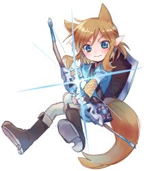 Rule 34 | 1boy, animal ears, blonde hair, blouse, blue eyes, blue shirt, blush, boots, bow, bow (weapon), brown footwear, brown gloves, brown hair, brown pants, closed mouth, drawing bow, fingerless gloves, fox ears, fox tail, full body, gloves, highres, holding, holding bow (weapon), holding weapon, kemonomimi mode, link, looking at viewer, male focus, medium hair, nintendo, pants, pointy ears, shield, shield on back, shirt, simple background, smile, solo, tail, the legend of zelda, the legend of zelda: breath of the wild, weapon, white background, xox xxxxxx