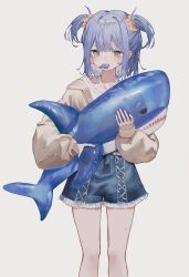 Rule 34 | 1girl, blue hair, cowboy shot, food, frilled shorts, frills, frown, grey eyes, hair ornament, hair scrunchie, holding, holding swim ring, innertube, jacket, light frown, mouth hold, original, popsicle, scrunchie, shark, short hair, shorts, shou (mori boro), simple background, swim ring, two side up, white background, white jacket