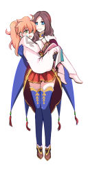 Rule 34 | 1boy, 1girl, blue eyes, blush, breasts, brown hair, cape, carrying, coat, fate/grand order, fate (series), gauntlets, gloves, green eyes, leonardo da vinci (fate), long hair, open mouth, orange hair, pants, ponytail, romani archaman, shoes, skirt, smile, thighhighs