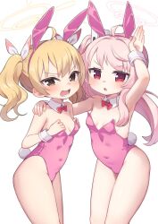 Rule 34 | 2girls, ahoge, animal ears, arm up, bare shoulders, blonde hair, blue archive, blush, breasts, brown eyes, commentary request, covered navel, fake animal ears, hair between eyes, hair intakes, hairband, halo, hand on another&#039;s shoulder, highres, kokone (coconeeeco), leotard, multiple girls, natsu (blue archive), open mouth, parted lips, pink hair, pink hairband, pink leotard, playboy bunny, rabbit ears, rabbit tail, red eyes, side ponytail, simple background, small breasts, strapless, strapless leotard, tail, twintails, v-shaped eyebrows, white background, wrist cuffs, yoshimi (blue archive)
