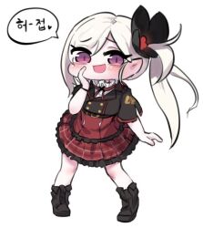Rule 34 | 1girl, bare legs, blue archive, chibi, korean text, looking at viewer, mutsuki (blue archive), pointy ears, purple eyes, rocktide, school uniform, side ponytail, solo, white hair