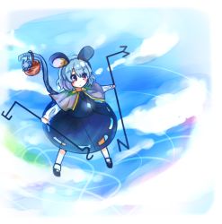 Rule 34 | 1girl, animal ears, basket, capelet, gradient background, grey hair, mayo (mayomr29), mouse (animal), mouse ears, mouse tail, nazrin, red eyes, ripples, rod, solo, standing, standing on liquid, tail, touhou